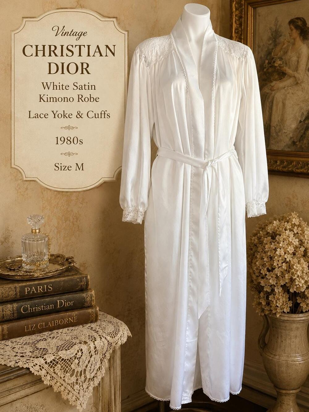 Vintage Christian Dior White Satin Kimono Robe Lace Yoke Cuffs 1980s Sz M